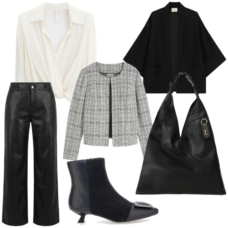 Outfit donna - Strategico look fino a sera. Stile Chic per Ufficio. Abbinamento con borse a spalla, camicie, blazer, pantaloni, cardigans, stivaletti.