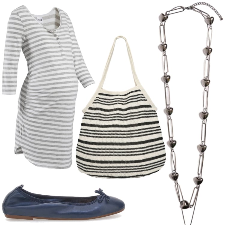 Outfit donna - Premaman. Stile Casual per Tutti i giorni. look ideale per Premaman. Abbinamento con camicie da notte, shopping bag, collane, ballerine.