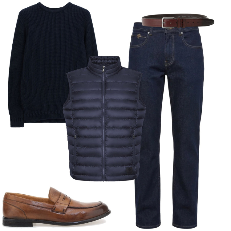 Outfit uomo - Ottobre. Stile Urban per Tutti i giorni. Abbinamento con cinture, maglieria, jeans, piumini, scarpe stringate.