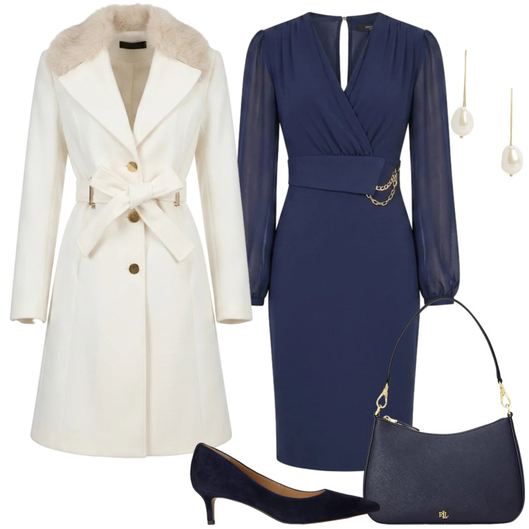 Outfit donna - Cerimonia d'autunno. Stile Chic per Cerimonia. Abbinamento con borse a spalla, orecchini, décolleté, vestiti a tubino, cappotti.