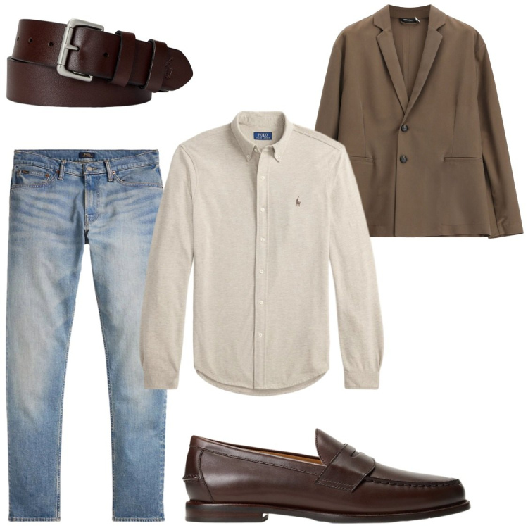 Outfit uomo - Ufficio. Stile Business/Elegante per Ufficio. Abbinamento con giacche, jeans, cinture, scarpe stringate, camicie.