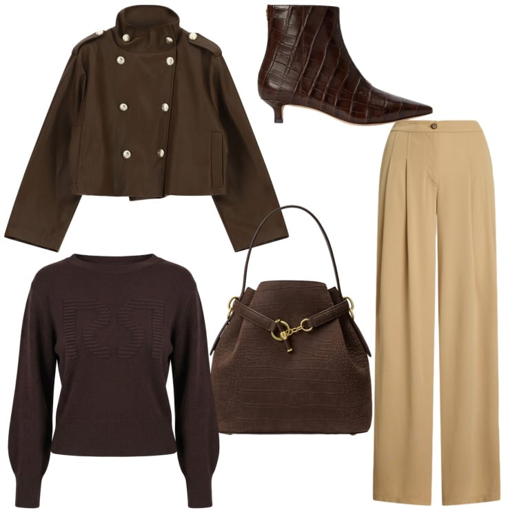 Outfit donna - Cropped trench coat. Stile Trendy per Tutti i giorni. Abbinamento con borse a secchiello, pantaloni, stivaletti, maglieria, trench.