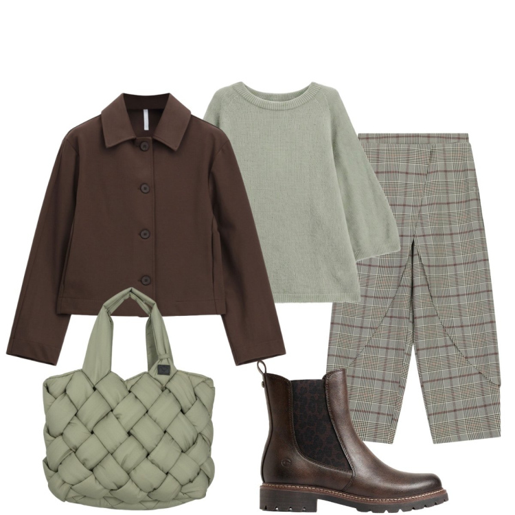 Outfit donna - Contrasti. Stile Minimal per Tutti i giorni. Abbinamento con maglieria, cappotti, pantaloni, borse tote, stivaletti chelsea.