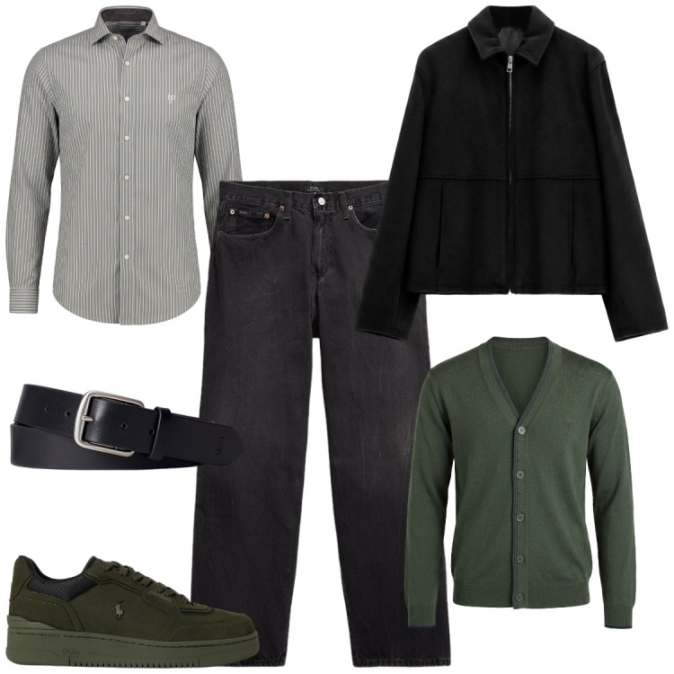 Outfit uomo - A strati. Stile Casual per Tutti i giorni. Abbinamento con camicie, cardigans, cappotti, cinture, jeans, sneakers.