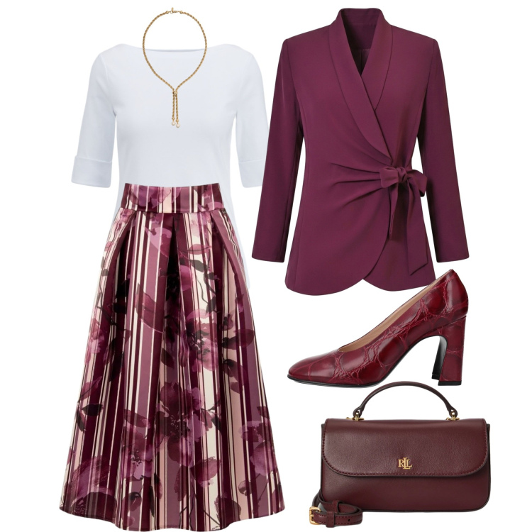 Outfit donna - Sofisticata femminilità. Stile Bon Ton per Ufficio. Abbinamento con t-shirt, borse a mano, collane, gonne longuette, blazer, décolleté.