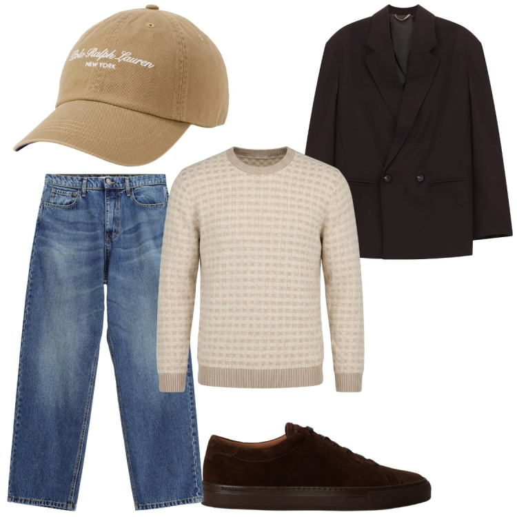 Outfit uomo - Total look #2490455. Stile Trendy per Tutti i giorni. Abbinamento con maglieria, jeans, giacche, cappelli con visiera, sneakers.