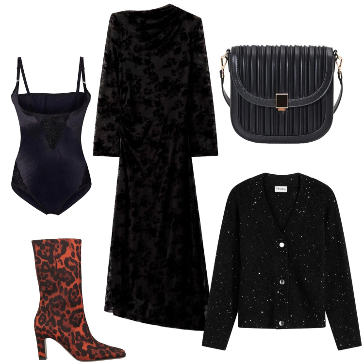 Outfit donna - Stasera è il mio compleanno. Stile Trendy per Serata fuori. Abbinamento con vestiti midi/longuette, borse a tracolla, stivaletti, body, cardigans.