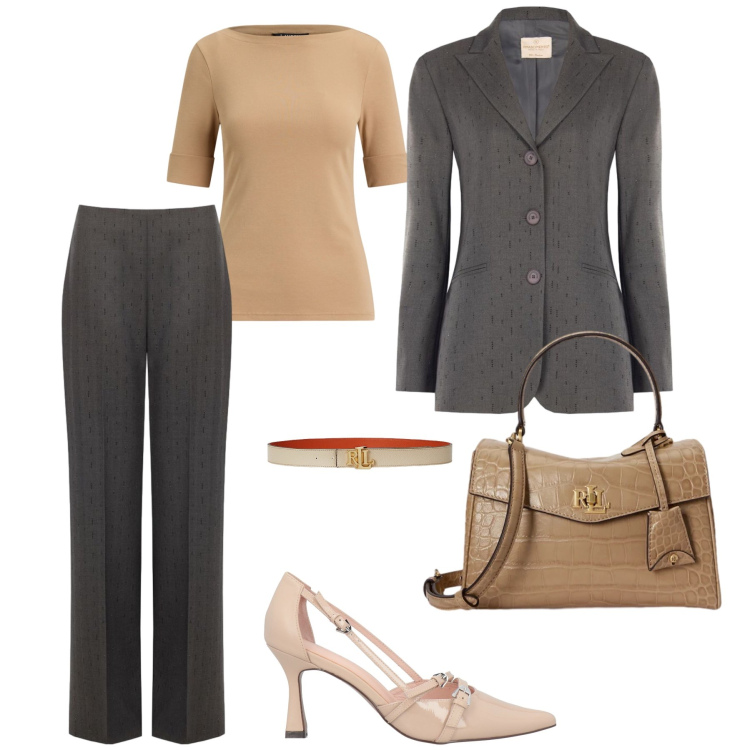 Outfit donna - Il grigio ed il beige. Stile Bon Ton per Serata fuori. Abbinamento con cinture, borse a mano, t-shirt, blazer, pantaloni, décolleté.