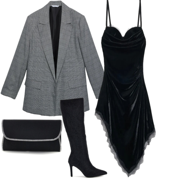 Outfit donna - Soirée à Paris. Stile Sexy per Serata fuori. Abbinamento con vestiti asimmetrici, blazer, stivali, pochette.