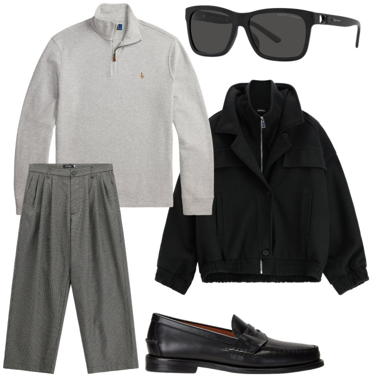 Outfit uomo - Visto come i modelli. Stile Trendy per Ufficio. Abbinamento con pantaloni, bomber, scarpe stringate, pullovers, occhiali da sole.