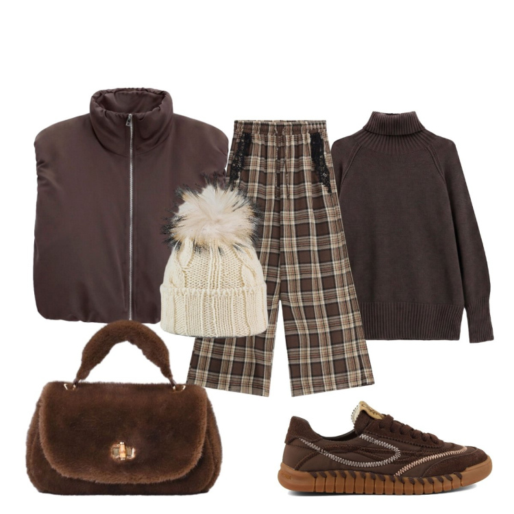 Outfit donna - Look perfetto per i primi freddi. Stile Preppy per Tutti i giorni. Abbinamento con pullovers, piumini, pantaloni a palazzo, borse a mano, berretti, sneakers.