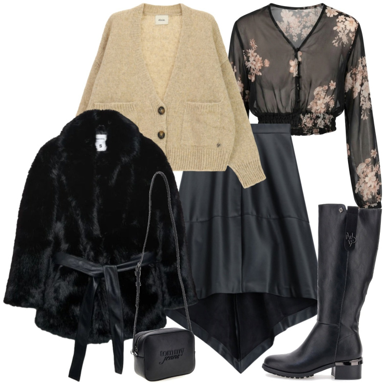 Outfit donna - Inverno. Stile Casual chic per Tutti i giorni. Abbinamento con gonne longuette, cardigans, top, trench, stivali sopra il ginocchio, borse a tracolla.