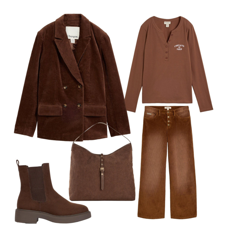 Outfit donna - Nuance d'autunno. Stile Casual per Tutti i giorni. Abbinamento con pantaloni, blazer, t-shirt, stivaletti, shopping bag.