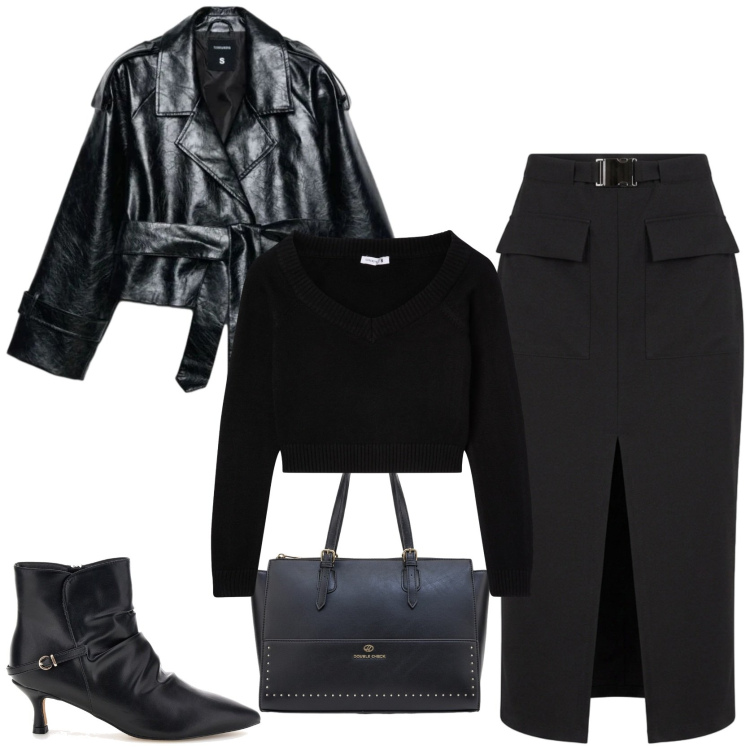 Outfit donna - Il trench grintiso. Stile Glamour per Ufficio. Abbinamento con gonne longuette, trench, maglieria, stivaletti, borse a spalla.