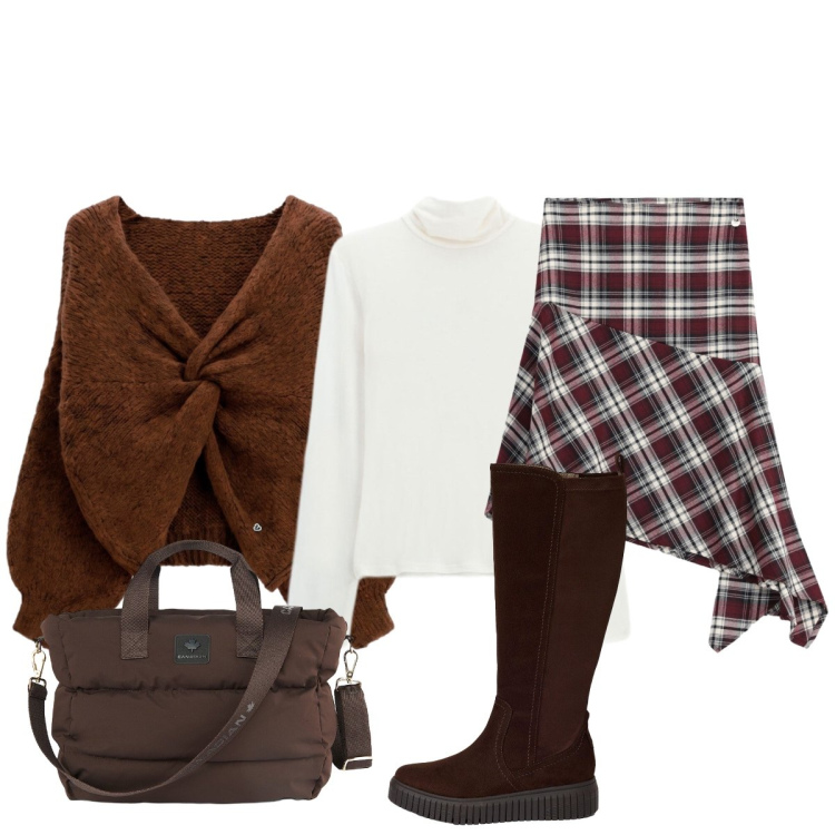 Outfit donna - In città. Stile Glamour per Tutti i giorni. Abbinamento con gonne longuette, t-shirt, maglieria, borse tote, stivali.