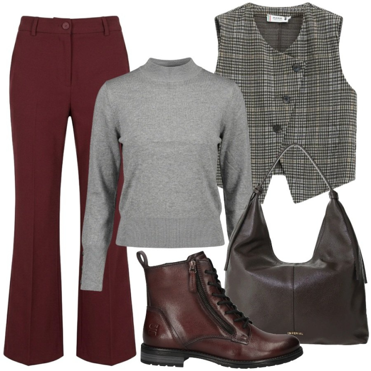 Outfit donna - Total look #2490470. Stile Trendy per Tutti i giorni. Abbinamento con borse a spalla, gilet, pantaloni, pullovers, stivaletti.