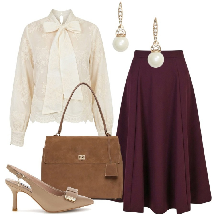 Outfit donna - Il tè pomeridiano. Stile Romantica per Tutti i giorni. Abbinamento con borse a mano, orecchini, gonne lunghe, bluse, décolleté.
