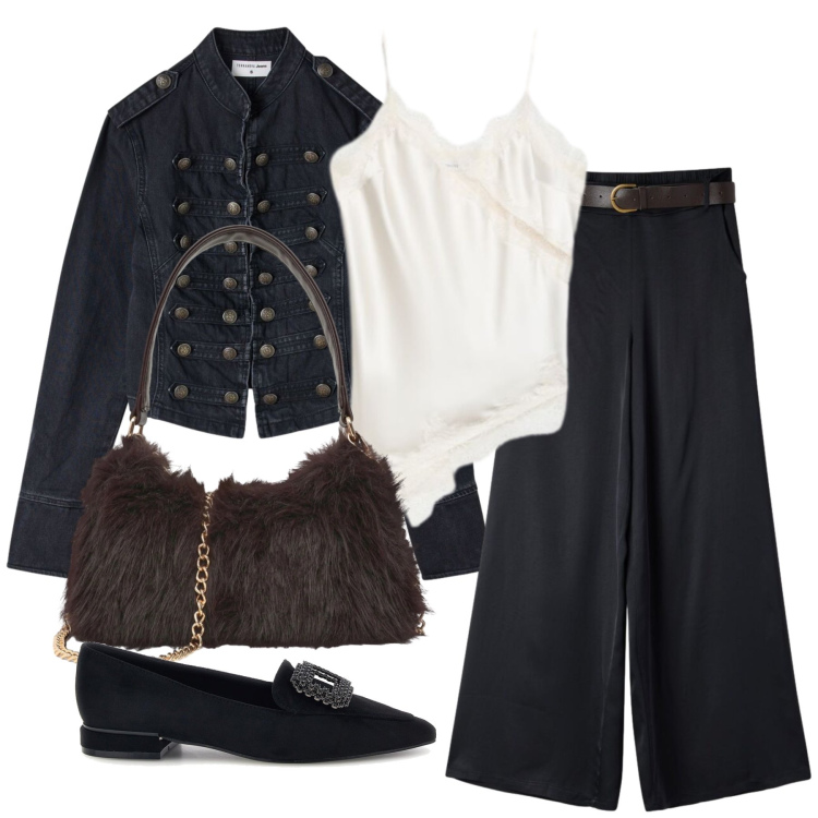 Outfit donna - Ottobre. Stile Glamour per Tutti i giorni. Abbinamento con blazer, canottiere, pantaloni, borse a spalla, ballerine.