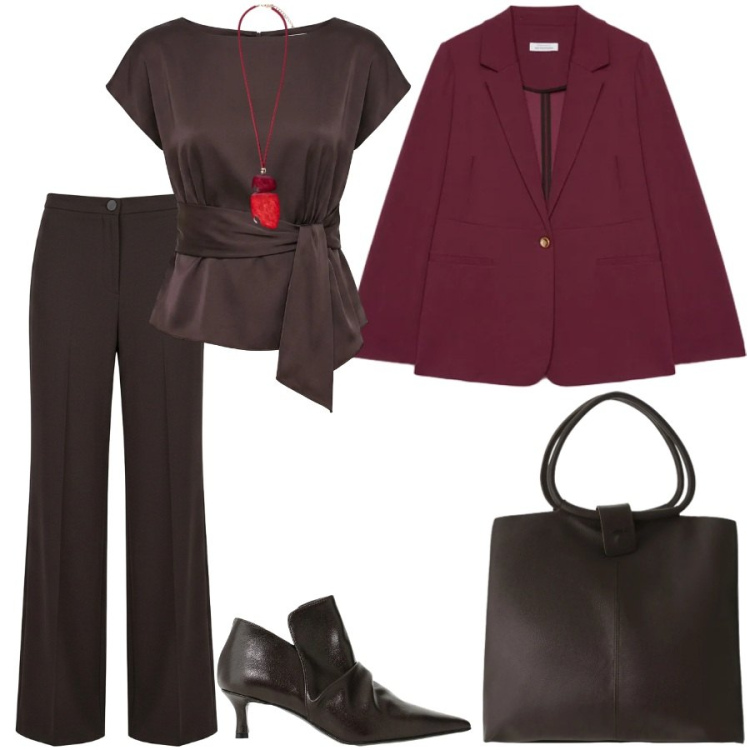 Outfit donna - Total look #2490475. Stile Chic per Serata fuori. Abbinamento con blazer, ciondoli, stivaletti, pantaloni, bluse, borse a spalla.