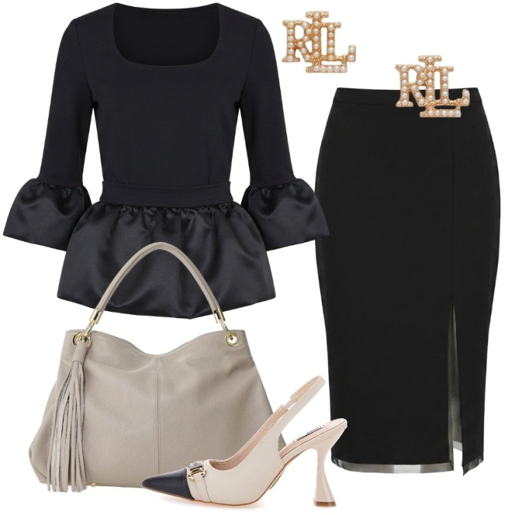 Outfit donna - Pronta per la riunione. Stile Chic per Ufficio. Abbinamento con borse a spalla, orecchini, gonne longuette, bluse, décolleté.