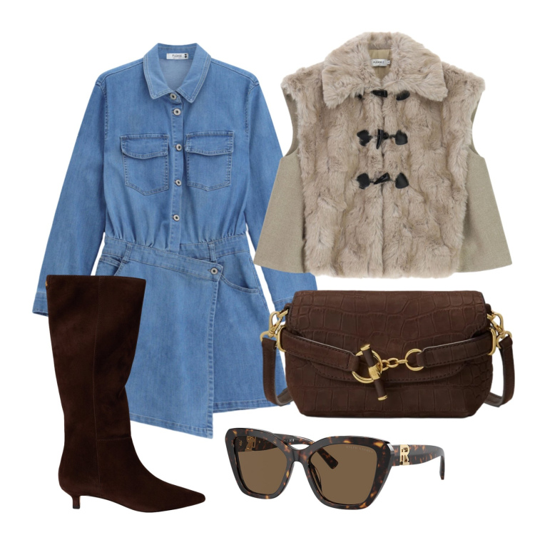 Outfit donna - Ottobre. Stile Trendy per Tutti i giorni. Abbinamento con occhiali da sole, borse a spalla, stivali, vestiti chemisier, gilet.