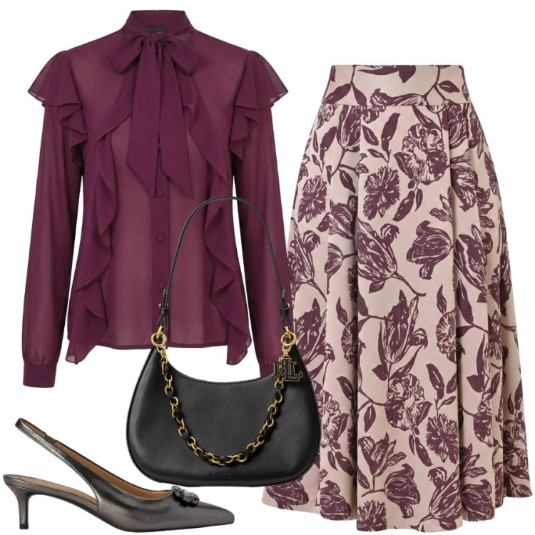 Outfit donna - Romantica senza tempo. Stile Romantica per Tutti i giorni. Abbinamento con borse a spalla, décolleté, gonne longuette, bluse.