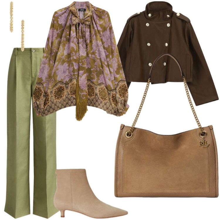 Outfit donna - Total look #2490479. Stile Chic per Serata fuori. Abbinamento con stivaletti, borse tote, pantaloni, orecchini, bluse, trench.