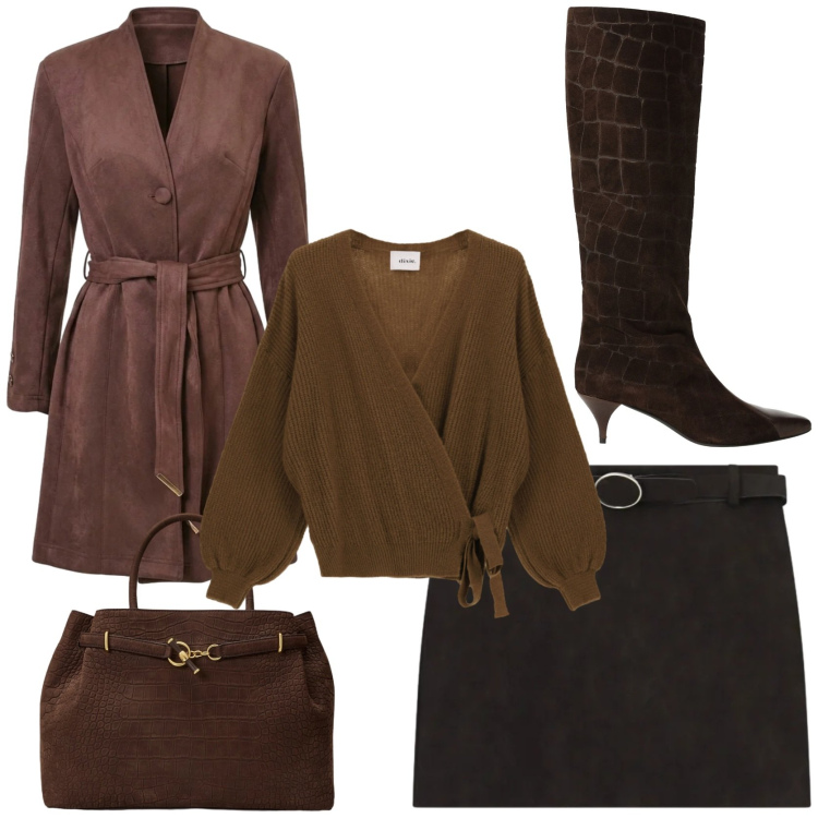 Outfit donna - Autumn brownie palette. Stile Chic per Tutti i giorni. Abbinamento con minigonne, borse a mano, cardigans, stivali, trench.