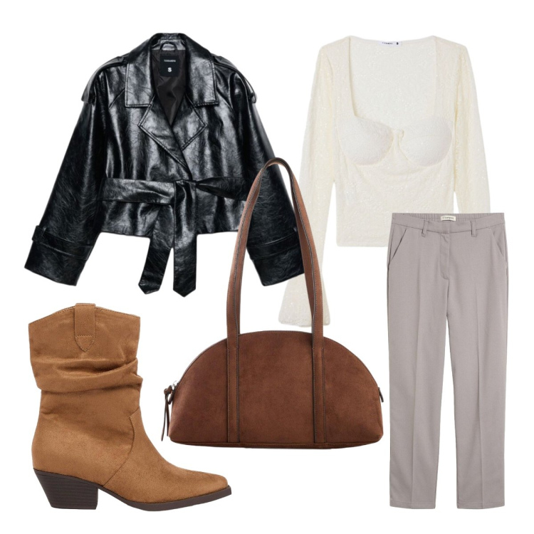 Outfit donna - Stile di stagione con il trench. Stile Romantica per Ufficio. Abbinamento con trench, top, pantaloni, borse a tracolla, stivaletti texani.
