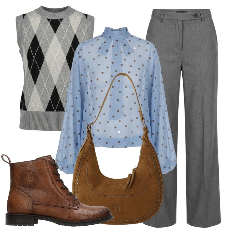 Outfit donna - Contrasti. Stile Sporty chic per Tutti i giorni. Abbinamento con borse a spalla, pantaloni a palazzo, bluse, maglieria, anfibi.