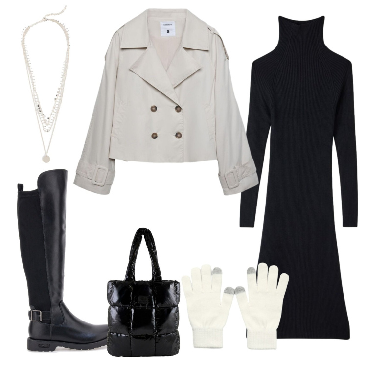 Outfit donna - Abito nero. Stile Urban per Tutti i giorni. Abbinamento con shopping bag, caban, guanti, vestiti midi/longuette, stivali, collane.