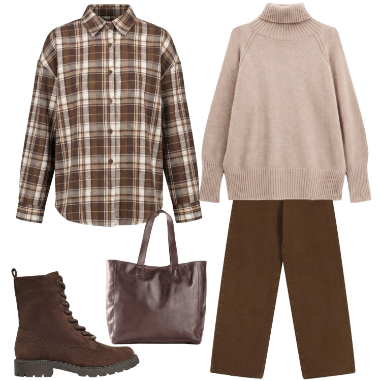 Outfit donna - Camicia su dolcevita. Stile Casual per Tutti i giorni. Abbinamento con pullovers, jeans dritti, camicie, anfibi, shopping bag.