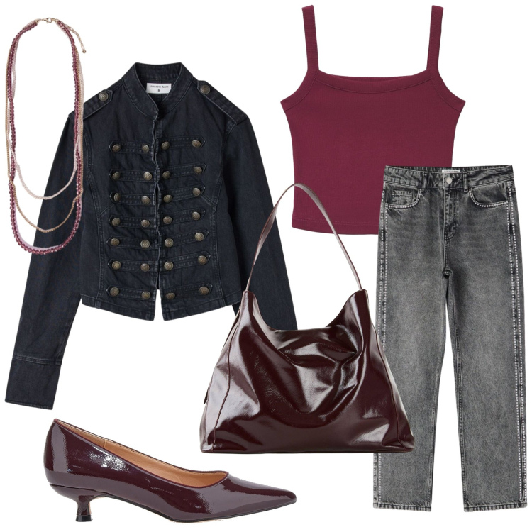 Outfit donna - Total look #2490507. Stile Mannish per Serata fuori. Abbinamento con collane, jeans mom, blazer, canottiere, décolleté, shopping bag.