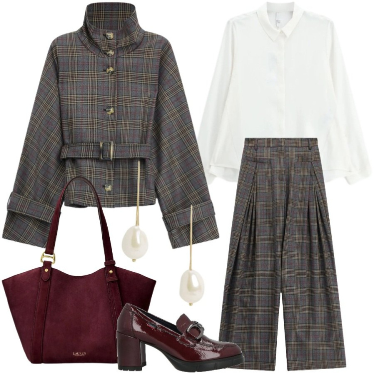 Outfit donna - Non il solito completo. Stile Chic per Ufficio. Abbinamento con pantaloni a palazzo, cappotti, camicie, borse tote, orecchini, mocassini.
