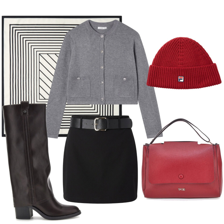 Outfit donna - Minimal soft. Stile Trendy per Tutti i giorni. Abbinamento con foulard, cardigans, minigonne, borse a tracolla, stivali, berretti.