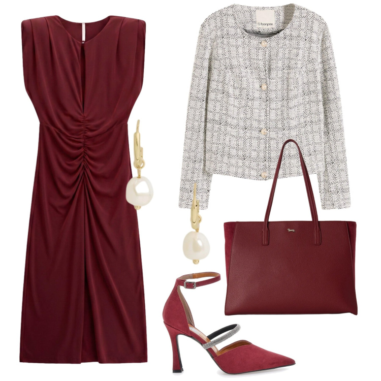 Outfit donna - Total look #2490511. Stile Sexy per Cerimonia. Abbinamento con shopping bag, vestiti midi/longuette, orecchini, décolleté, cardigans.
