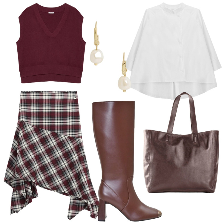 Outfit donna - Gonna asimmetrica. Stile Trendy per Tutti i giorni. Abbinamento con gonne longuette, camicie, maglieria, orecchini, stivali sopra il ginocchio, shopping bag.