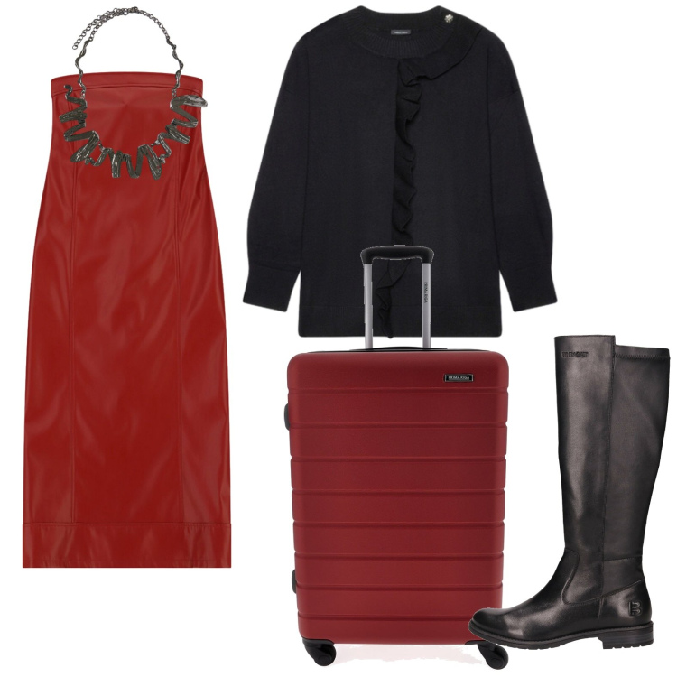 Outfit donna - Look deciso. Stile Urban per Serata fuori. Abbinamento con vestiti midi/longuette, maglieria, ciondoli, valigie, stivali.