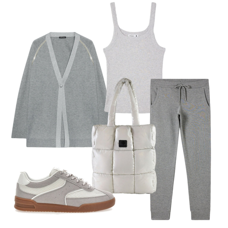 Outfit donna - Total look #2490518. Stile Sporty chic per Sport. Abbinamento con cardigans, shopping bag, pantaloni, canottiere, sneakers.