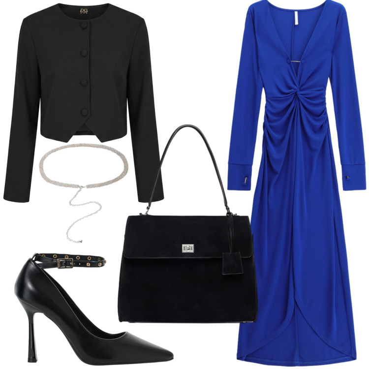 Outfit donna - Serata bluette. Stile Casual per Serata fuori. Abbinamento con vestiti lunghi, décolleté, cinture, borse a mano, blazer.