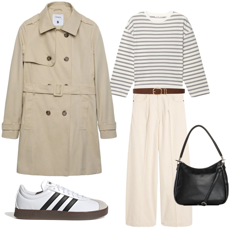 Outfit donna - Trench e righe. Stile Basic per Tutti i giorni. Abbinamento con trench, cinture, t-shirt, jeans, sneakers, borse a mano.