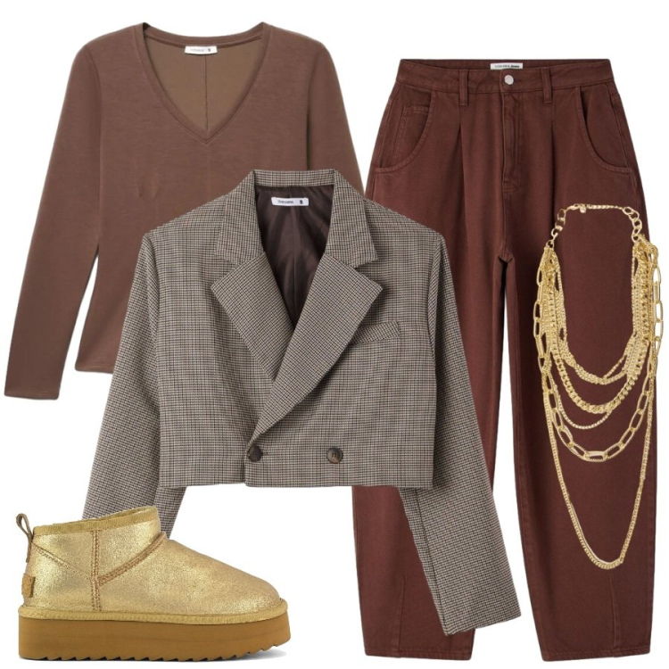 Outfit donna - La serata con gli amici. Stile Trendy per Serata fuori. Abbinamento con collane, blazer, pantaloni, t-shirt, stivaletti.