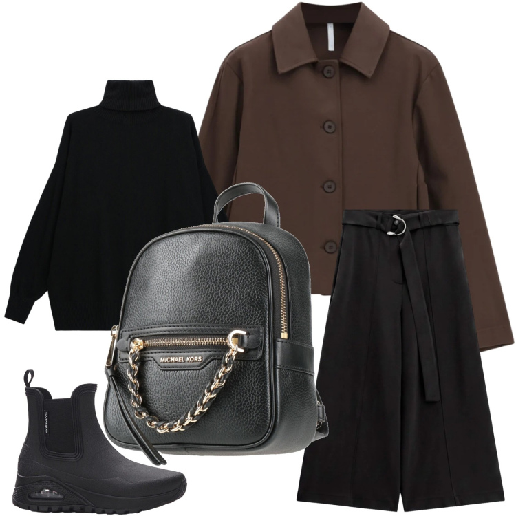 Outfit donna - Marrone invernale. Stile Urban per Tutti i giorni. Abbinamento con cappotti, pantaloni a palazzo, pullovers, zaini, stivali di gomma.