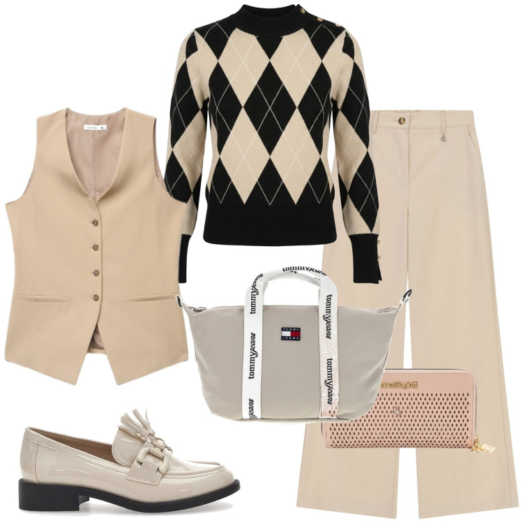 Outfit donna - Con Gilet. Stile Casual per Ufficio. Abbinamento con pantaloni a palazzo, pullovers, gilet, mocassini, shopping bag, portafogli.