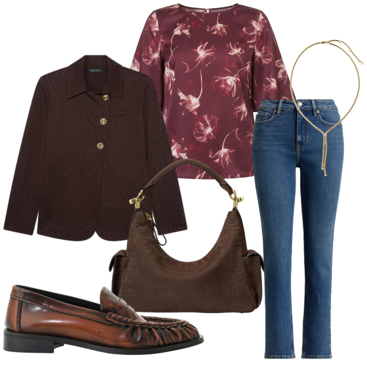 Outfit donna - Total look #2490536. Stile Casual chic per Ufficio. look ideale per Tall. Abbinamento con mocassini, blazer, t-shirt, collane, borse a spalla, jeans.