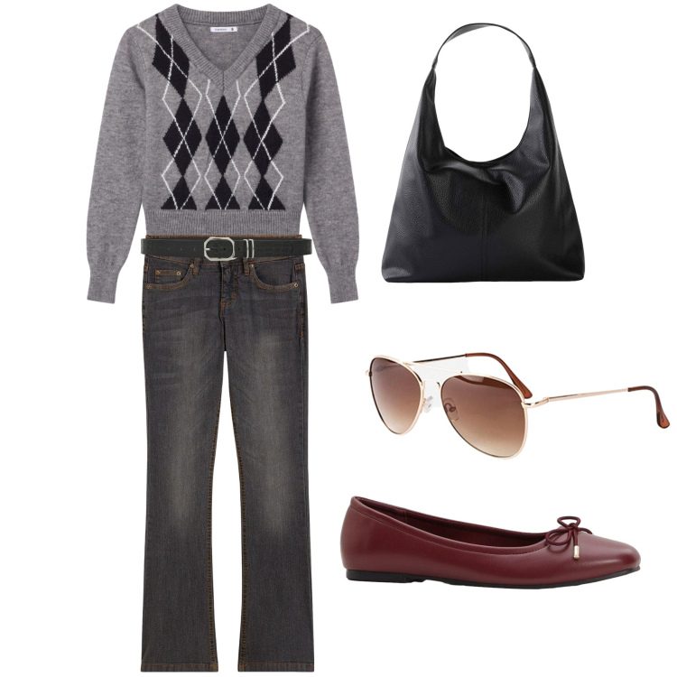 Outfit donna - Argyle sul grigio. Stile Casual per Tutti i giorni. Abbinamento con cinture, pullovers, ballerine, jeans bootcut, shopping bag, occhiali da sole.