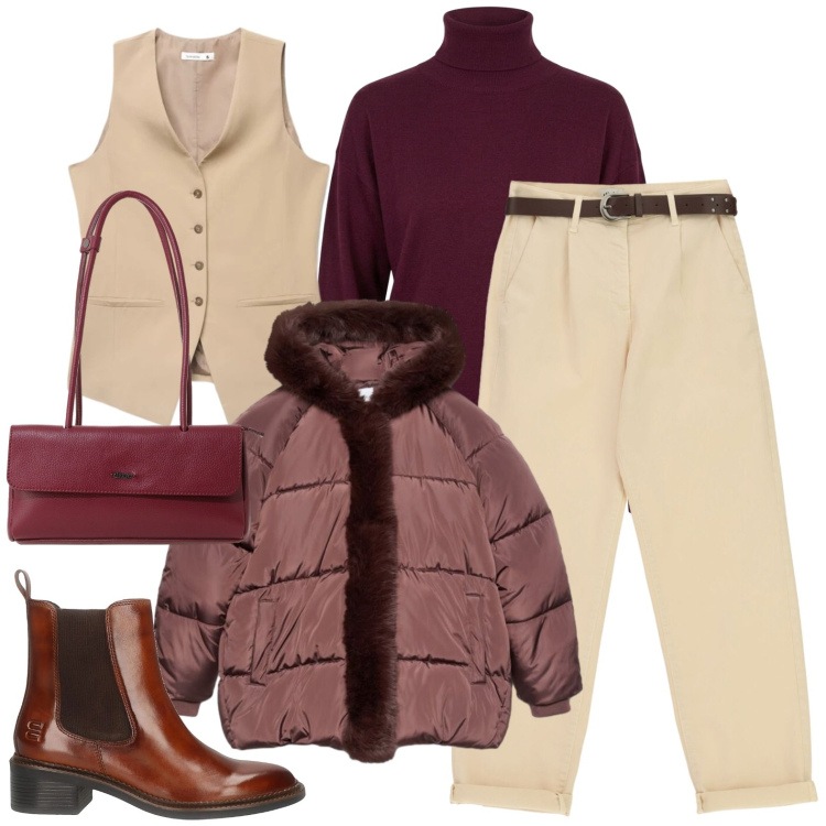 Outfit donna - Giornate fredde. Stile Casual per Tutti i giorni. Abbinamento con pantaloni, borse a spalla, pullovers, piumini, gilet, stivaletti chelsea.