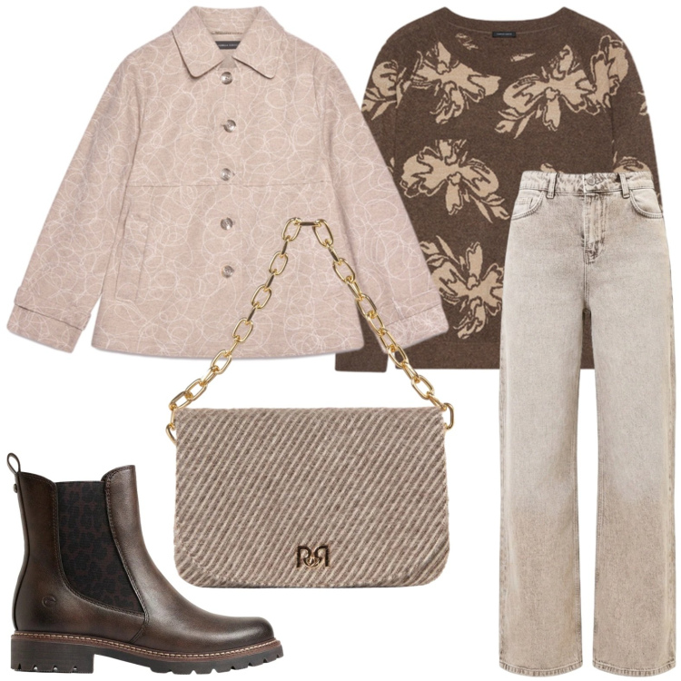 Outfit donna - Giacca tessuto ricamato. Stile Casual per Tutti i giorni. Abbinamento con cappotti, maglieria, jeans dritti, borse a spalla, stivaletti chelsea.