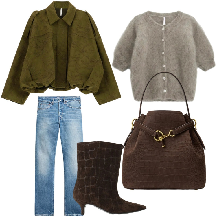 Outfit donna - Bomber fantasia. Stile Casual per Tutti i giorni. Abbinamento con bomber, cardigans, stivali, jeans dritti, borse a secchiello.