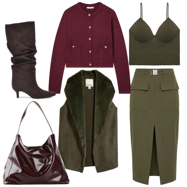 Outfit donna - L'autunno che incalza. Stile Casual chic per Tutti i giorni. Abbinamento con gonne longuette, cardigans, top, piumini, shopping bag, stivali sopra il ginocchio.